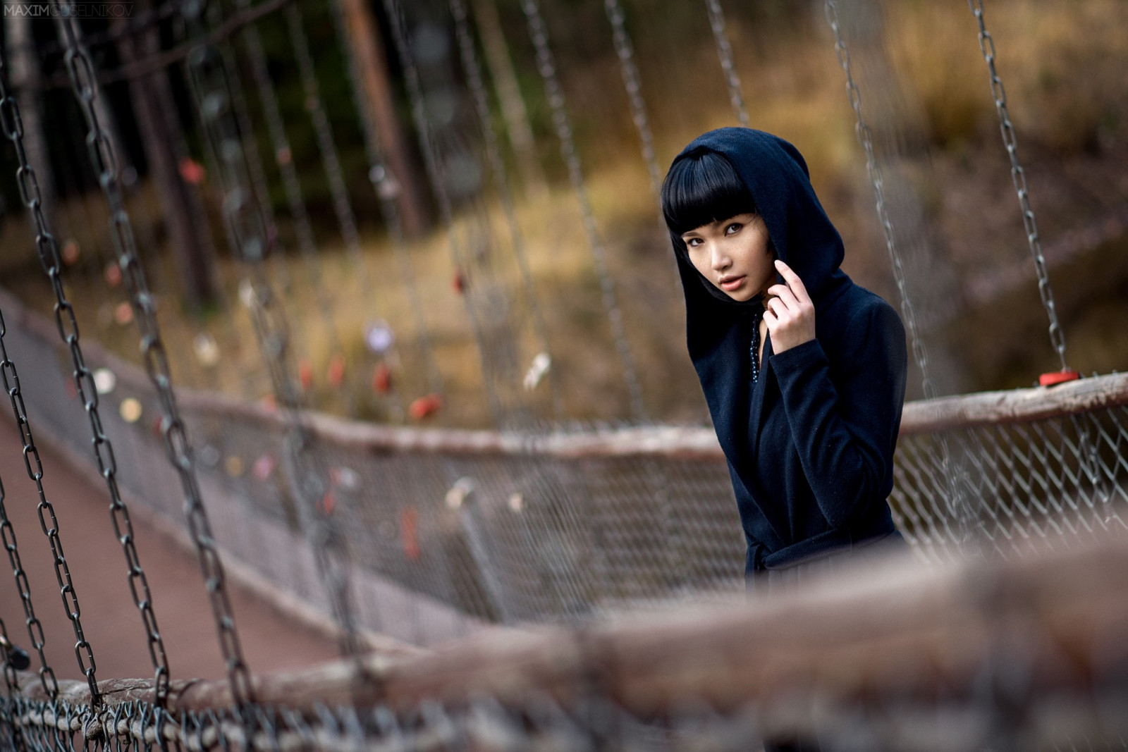 ženy, model, portrét, hloubka pole, bruneta, asijský, zima, fotografování, digestoře, most, Řetězy, móda, ofina, Maxim Guselnikov, jaro, Karina Kim, dívka, krása, sezóna, žena, fotografie, portrétní fotografie, focení