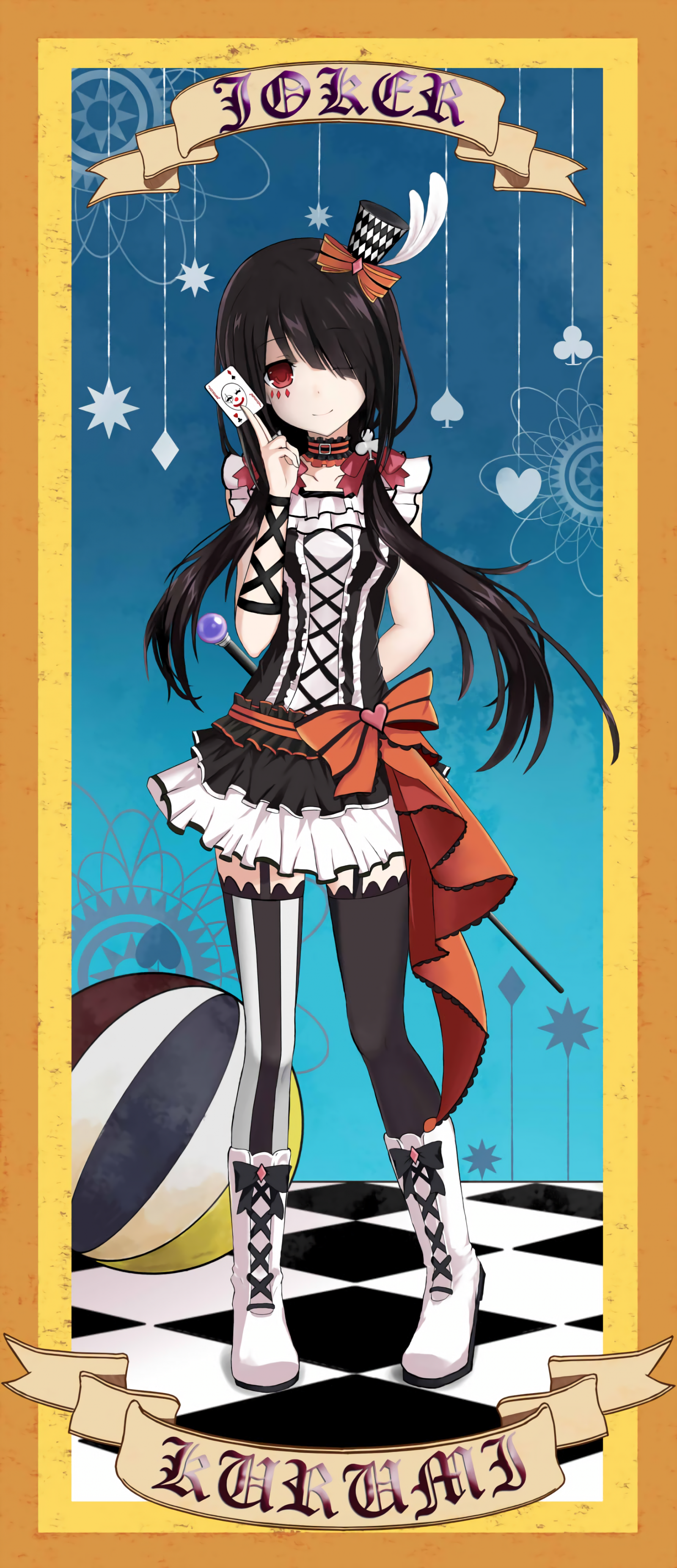 illustration, langt hår, anime, Anime piger, Dato A Live, hat, strømper, tegneserie, sort hår, lår højder, røde øjne, tegneserier, Tokisaki Kurumi, plakat, KUNST, reklame, skitse, tegneserie