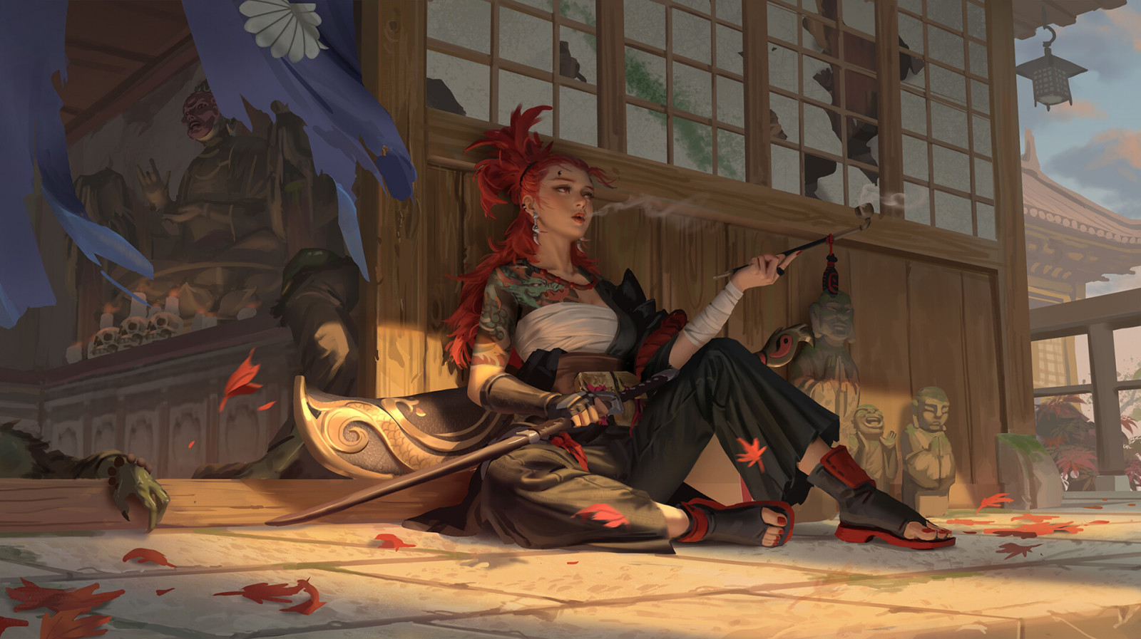 giapponese, samurai, donne, bendare, fumo, katana, statua, tatuaggio, Drago, cranio, collana, fumando la pipa, fumo, vento, spada