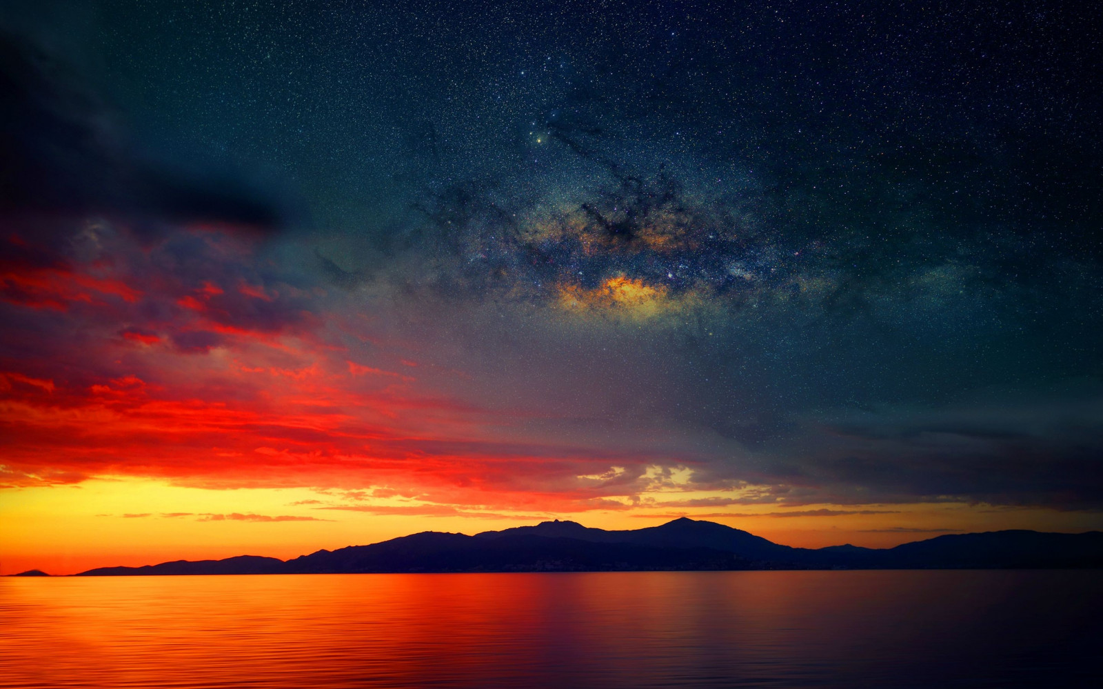 paisaje, puesta de sol, mar, reflexión, cielo, silueta, estrellas, Nubes, amanecer, noche, Vía láctea, manipulación de foto, horizonte, atmósfera, oscuridad, nube, amanecer, resplandor crepuscular, Objeto astronómico, Cielo rojo por la mañana