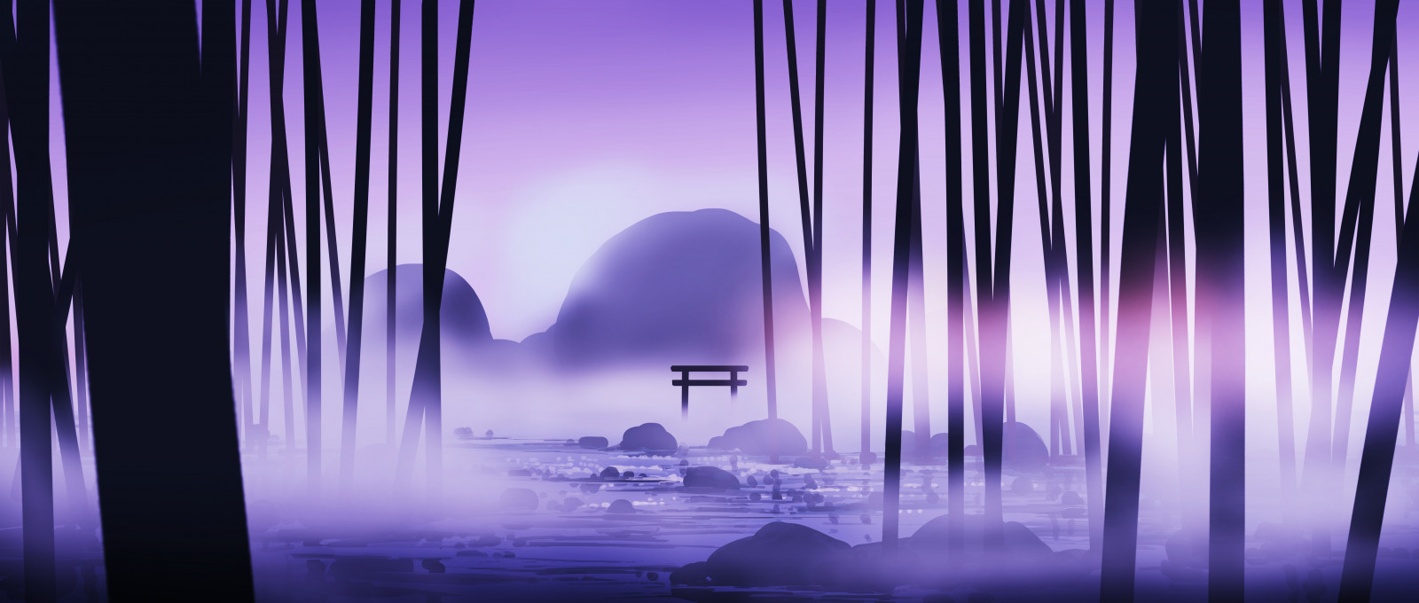 Gracile, digitální umění, umělecká díla, ilustrace, životní prostředí, krajina, torii, řeka, mlha, skalní útvar, Příroda, wide screen, voda, skály