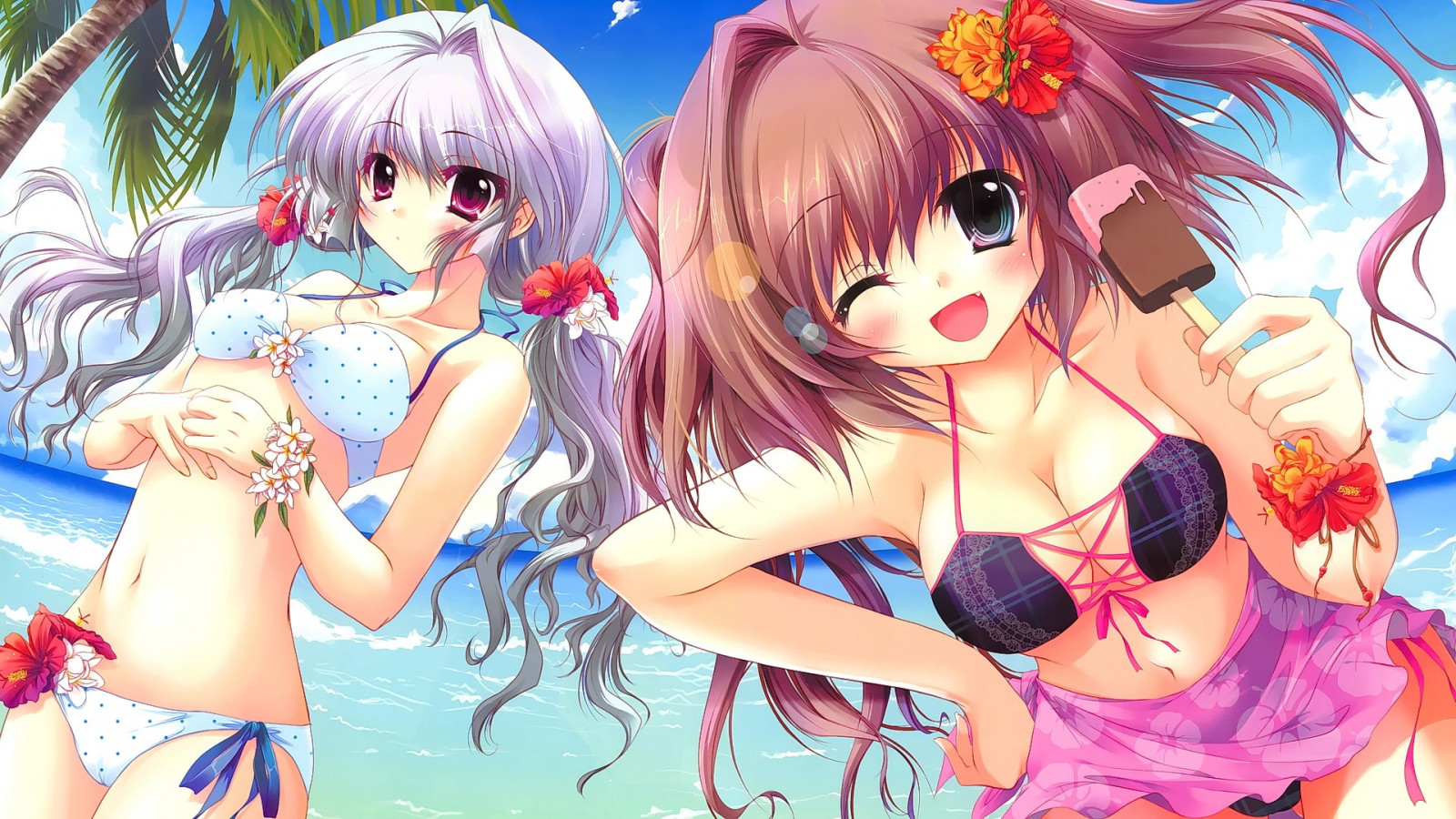 ilustrace, dlouhé vlasy, bílé vlasy, anime, anime dívky, voda, bruneta, otevři pusu, při pohledu na diváka, nebe, umělecká díla, mraky, usmívající se, Původní znaky, mrkat, bikiny, mangaka