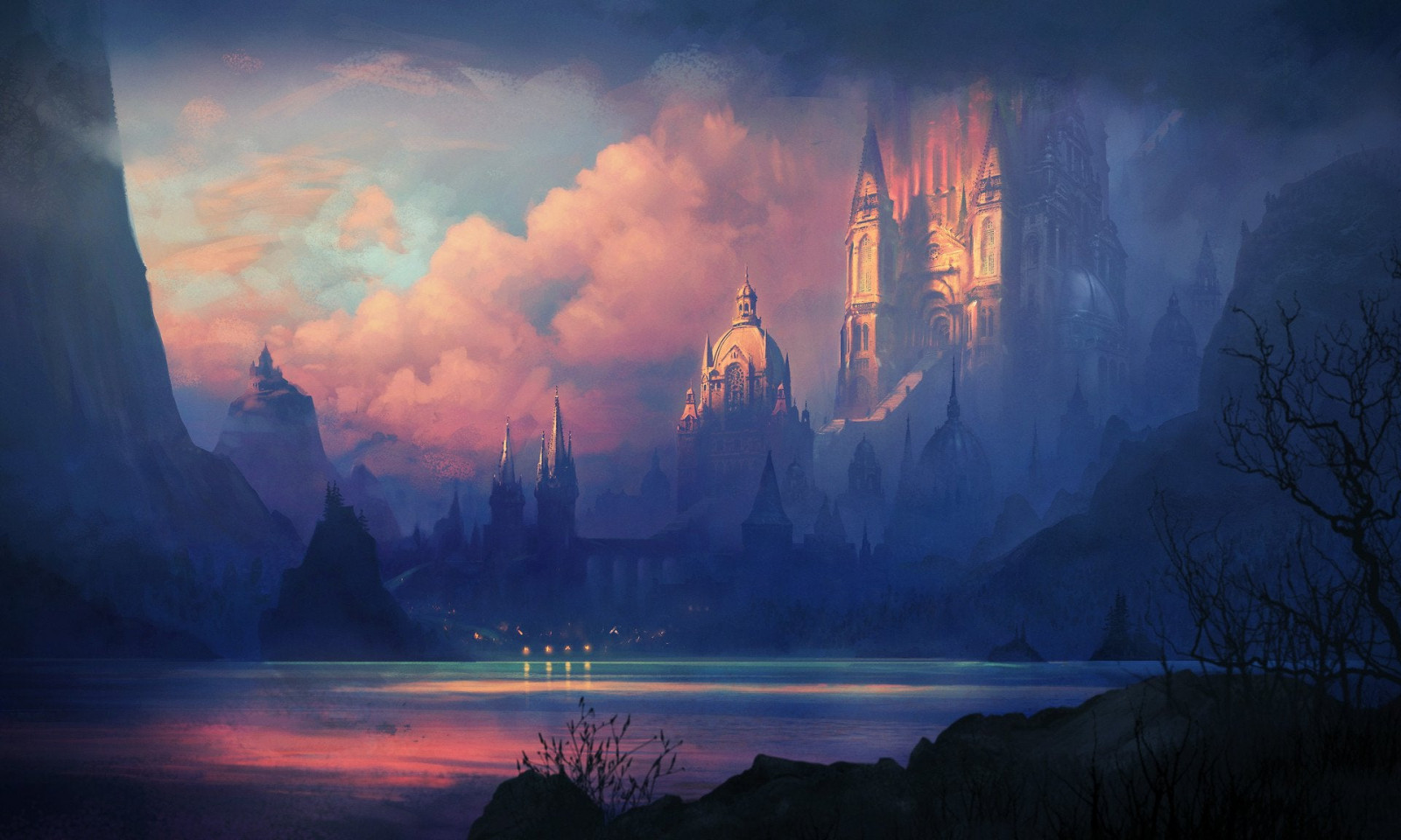 voda, mrak, atmosféra, nebe, svět, Příroda, Natural landscape, rostlina, soumrak, osvětlení, tělo z vody, atmosférický jev, krajina, ráno, horizont, strom, UMĚNÍ, odlesk, svítání, malování, jezero, hora, město, večer, tma, odraz, událost, svítání, hrad, Skála, cg artwork, mlha, spirála, západ slunce, noc, kupa, visual arts, ilustrace, nádrž, pohoří, turistická atrakce, rekreace, akvarel barvy