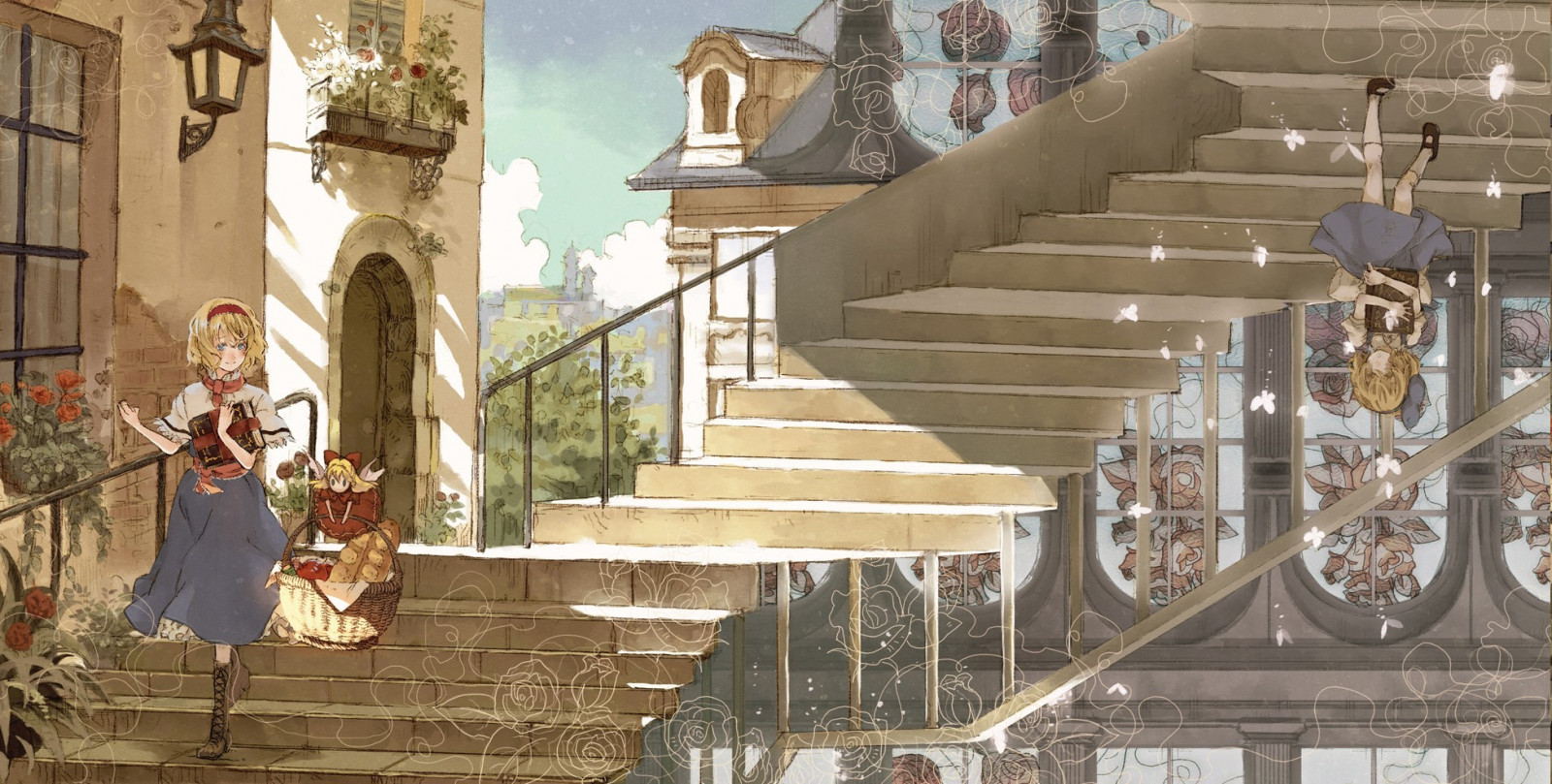 anime dívky, abstraktní, budova, Touhou, schody, Alice Margatroid, fasáda, místo uctívání, 1954x989 px