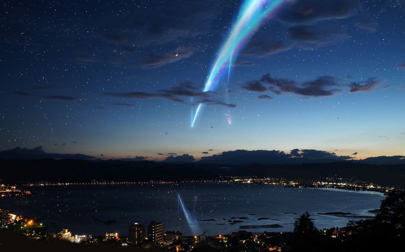 město, noc, hvězdy, nebe, jezero