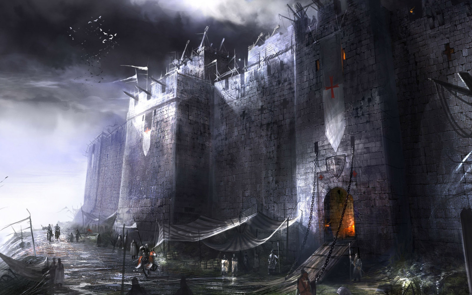digitální umění, fantasy umění, odraz, led, hrad, středověký, loď duchů, počasí, tma, Snímek obrazovky, 2560x1600 px, vodní prvek