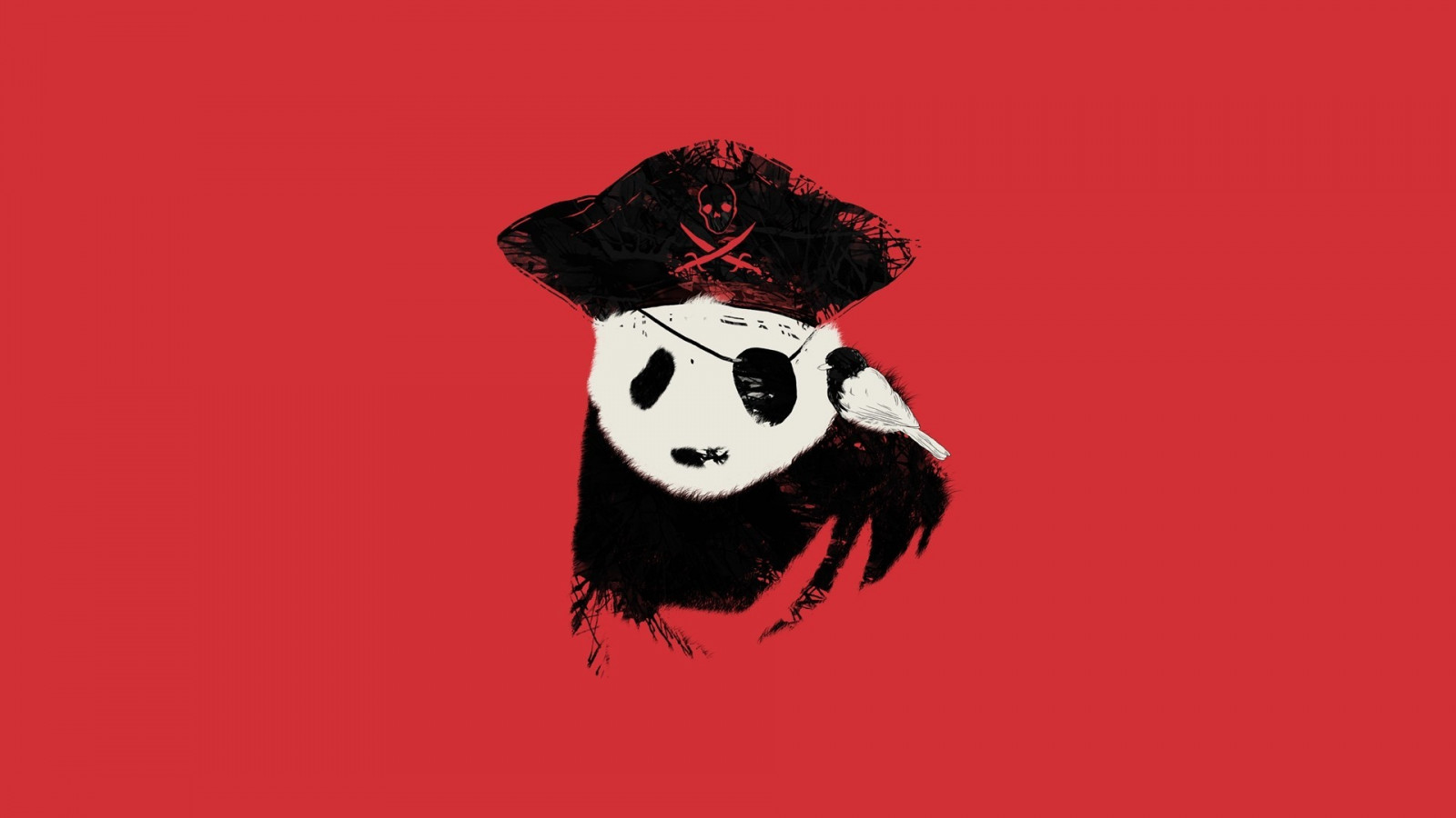 blanco, negro, ilustración, aves, Minimalismo, rojo, sombrero, Obra de arte, Fondo rojo, dibujos animados, panda, Piratas