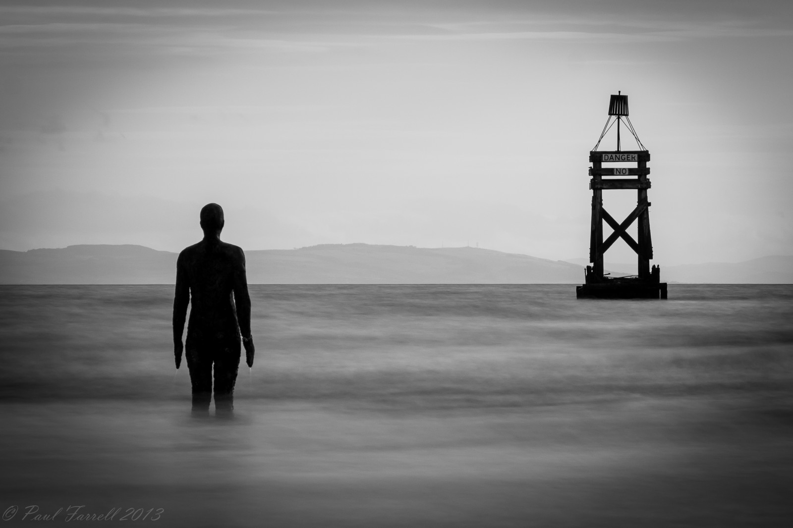černobílý, západ slunce, moře, voda, nebe, fotografování, silueta, pláž, svítání, uklidnit, večer, ráno, horizont, atmosféra, stojící, Mono, longexposure, mrak, oceán, vlna, Železný muž, Černý a bílý, monochromatické fotografování, Crosby, jiné místo, antonygormley, stock photography
