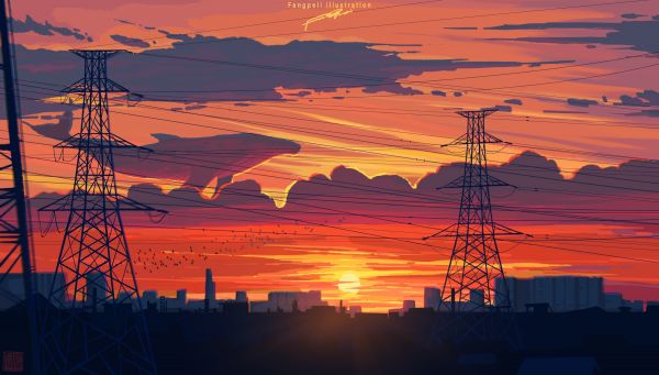 digital art, artwork, illustration, clouds, Fangpeii, sunset