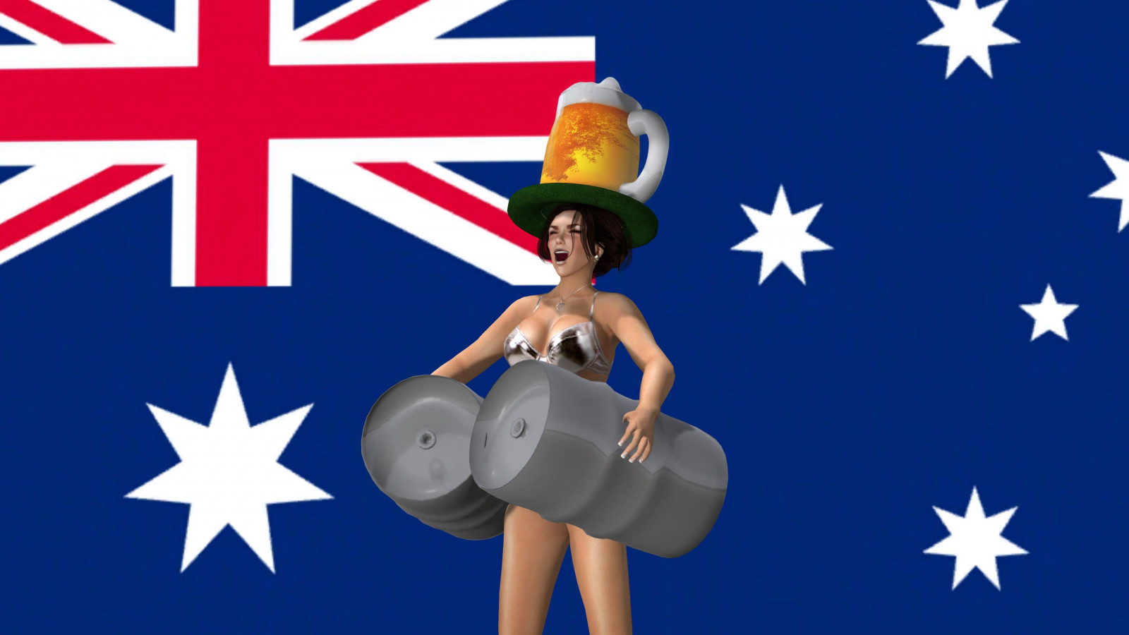 svět, žena, Dovolená, Veřejnost, pivo, dívka, čepice, opilý, smějící se, stříbrný, počítač, 3D, grafika, legrační, kovový, vlajka, narození, národ, australský, pití, oslava, národní, bikiny, druhý život, Virtuální, džbánek, Australan, australiaday, soudek, CGI, 2015, alexandriabrangwin
