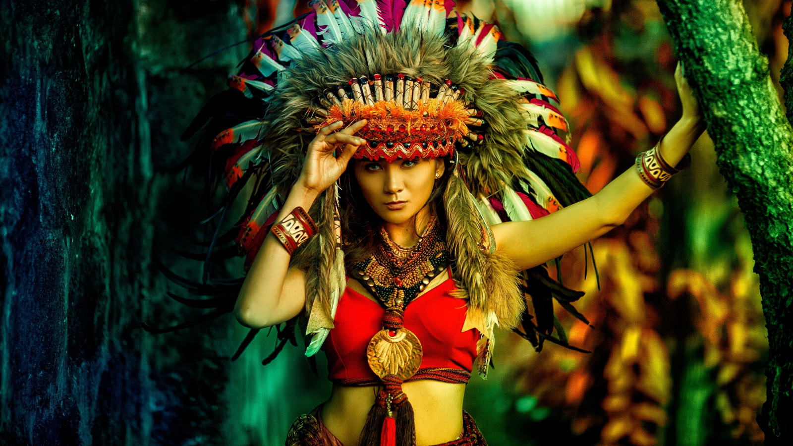 peří, ženy, asijský, model, Native American oblečení