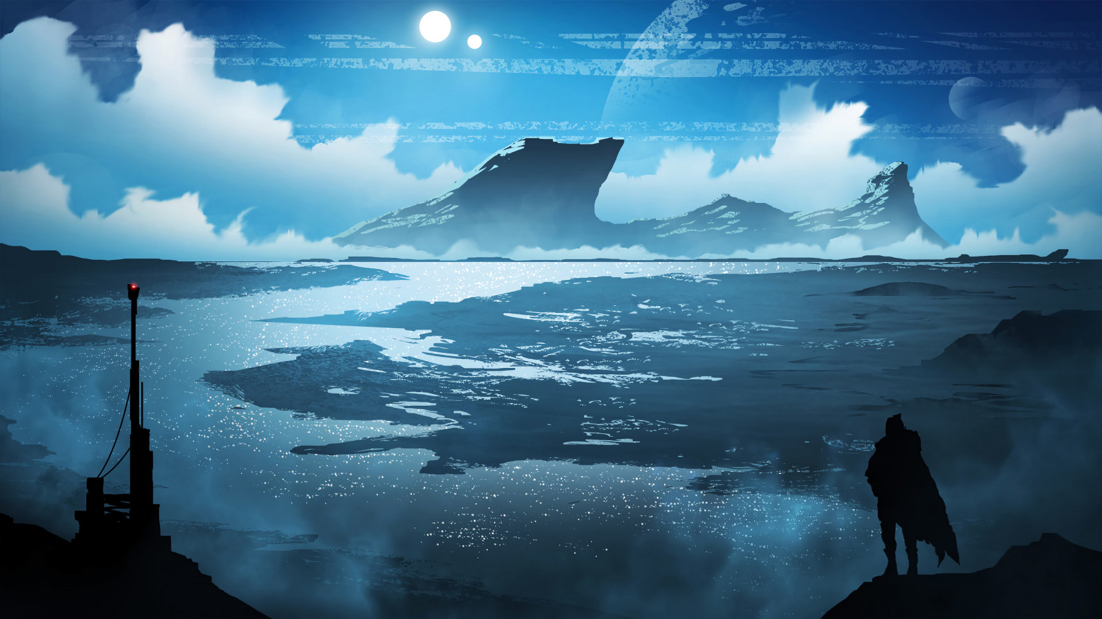 digital art, artwork, concept art, silhouette, nature, landscape, Sun, clouds, mountains, planet, fantasy art, science fiction, sea, river, sky, skyscape, blue, illustration