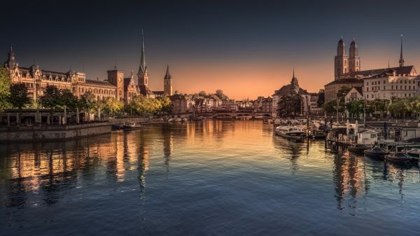 morning,city,river,sunrise,Switzerland,Zurich