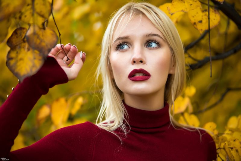 tvář, listy, ženy, model, portrét, blondýnka tvář, listy, ženy, model, portrét, blondýnka