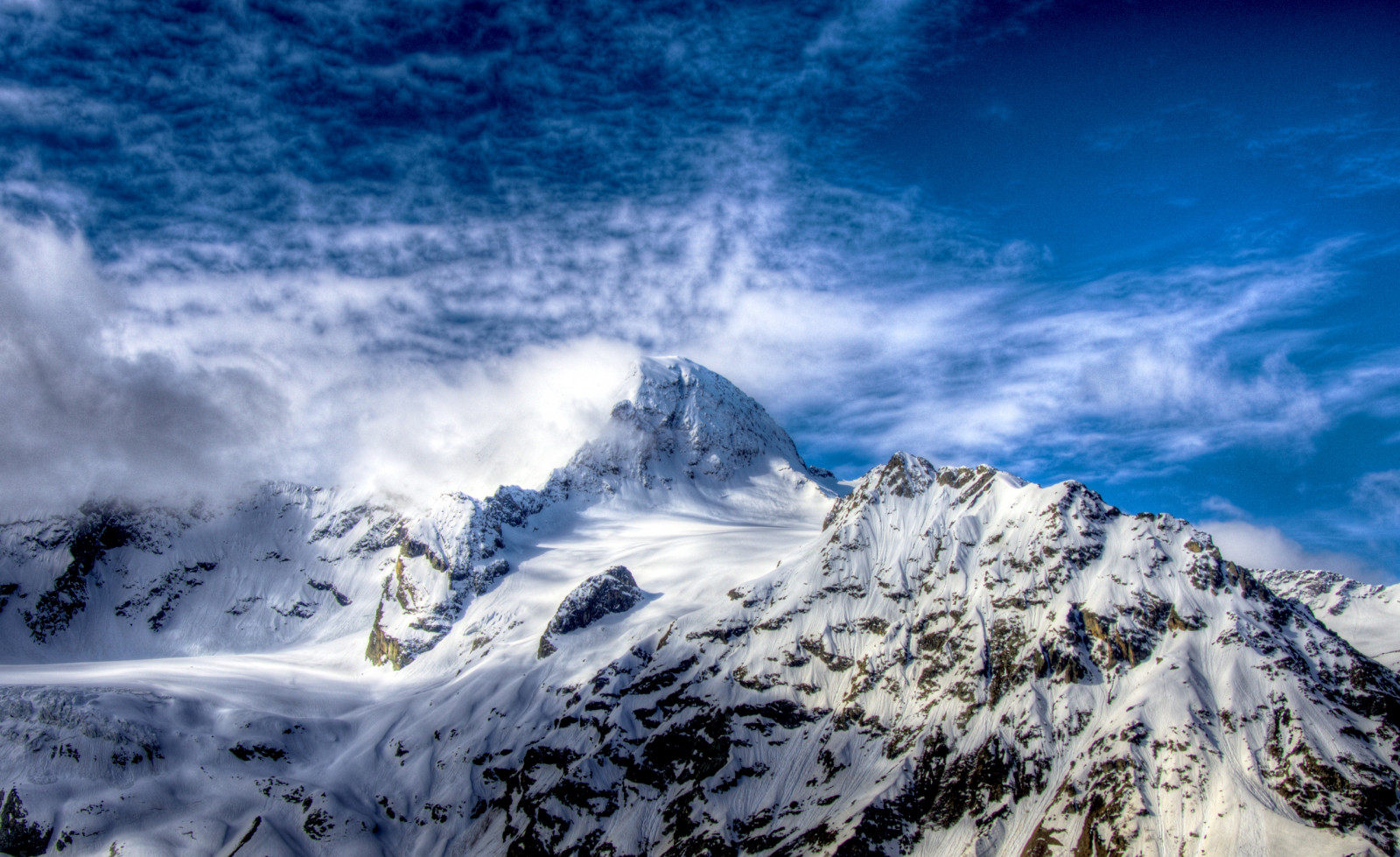 mountains, clouds, peak, merge, blue sky, freshness