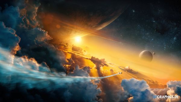 science fiction, clouds, stars, planet, Sun, space