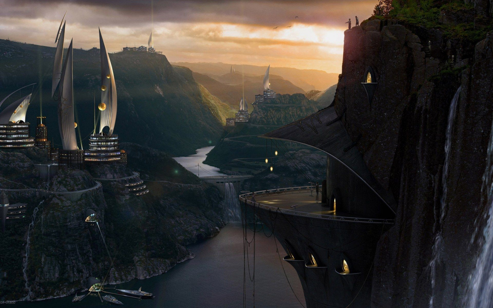 západ slunce, odraz, futuristický, večer, věž, fjord, Terén, Snímek obrazovky, vodní