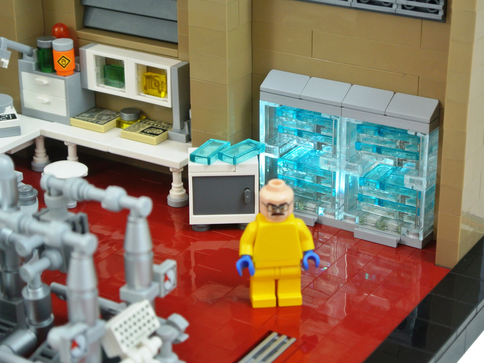 mostrare, walter, bianca, tv, laboratorio, LEGO, cristallo, interno, barile, cattivo, laboratorio, serie, RV, camper, meth, rottura, moc, Heisenberg, Greeble