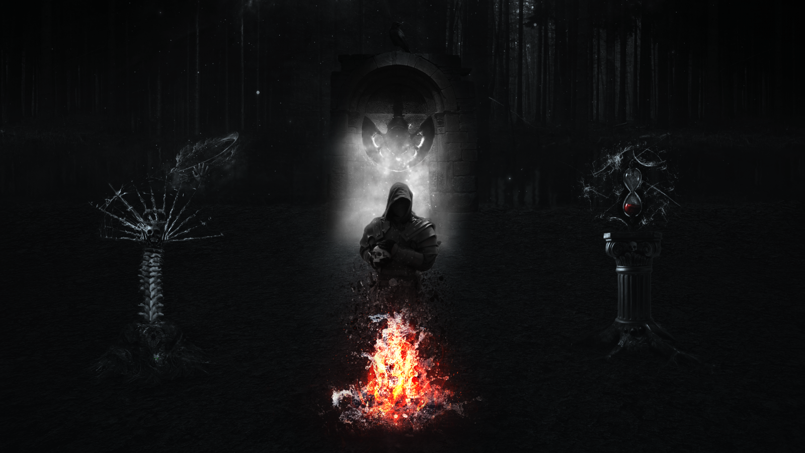 stromy, les, Černá, loď, ptactvo, temný, noc, Skála, mlha, oheň, ponurý, vrána, Hodinky, lebka, démon, kostra, Smrtka, Diablo, zombies, žací stroj, duchové, pavouk, kořeny, duše, vybledlý, Kyvadlo, světlo, tma, Snímek obrazovky, 1920x1080 px, zvláštní efekty