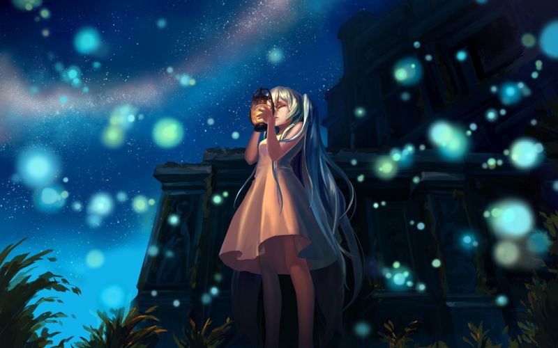 ilustrace, anime dívky, Vocaloid, noc, hvězdy, lucerna ilustrace, anime dívky, Vocaloid, noc, hvězdy, lucerna