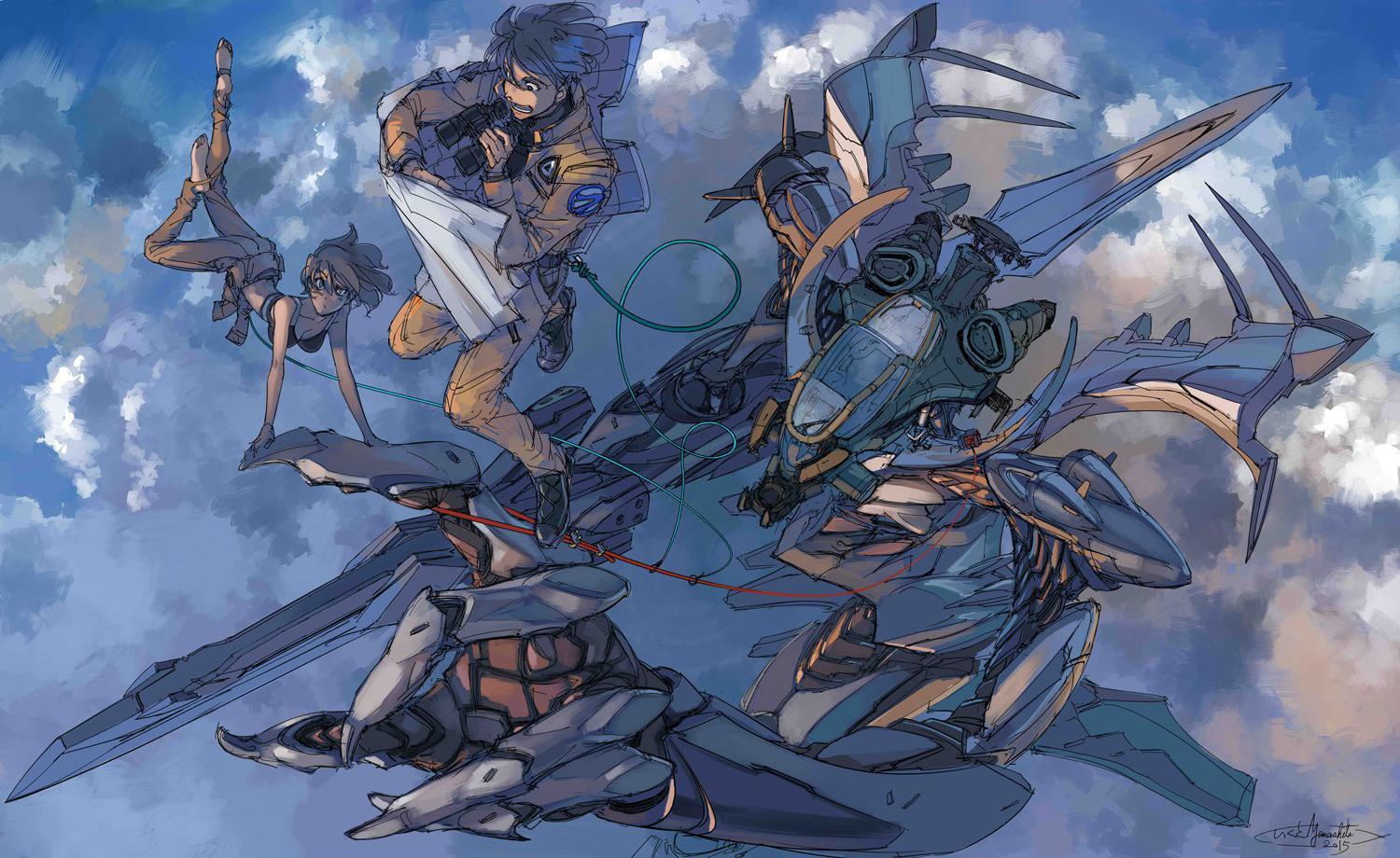 Wallpaper : Iconic field, clouds, mech, anime boys, anime girls, flying ...