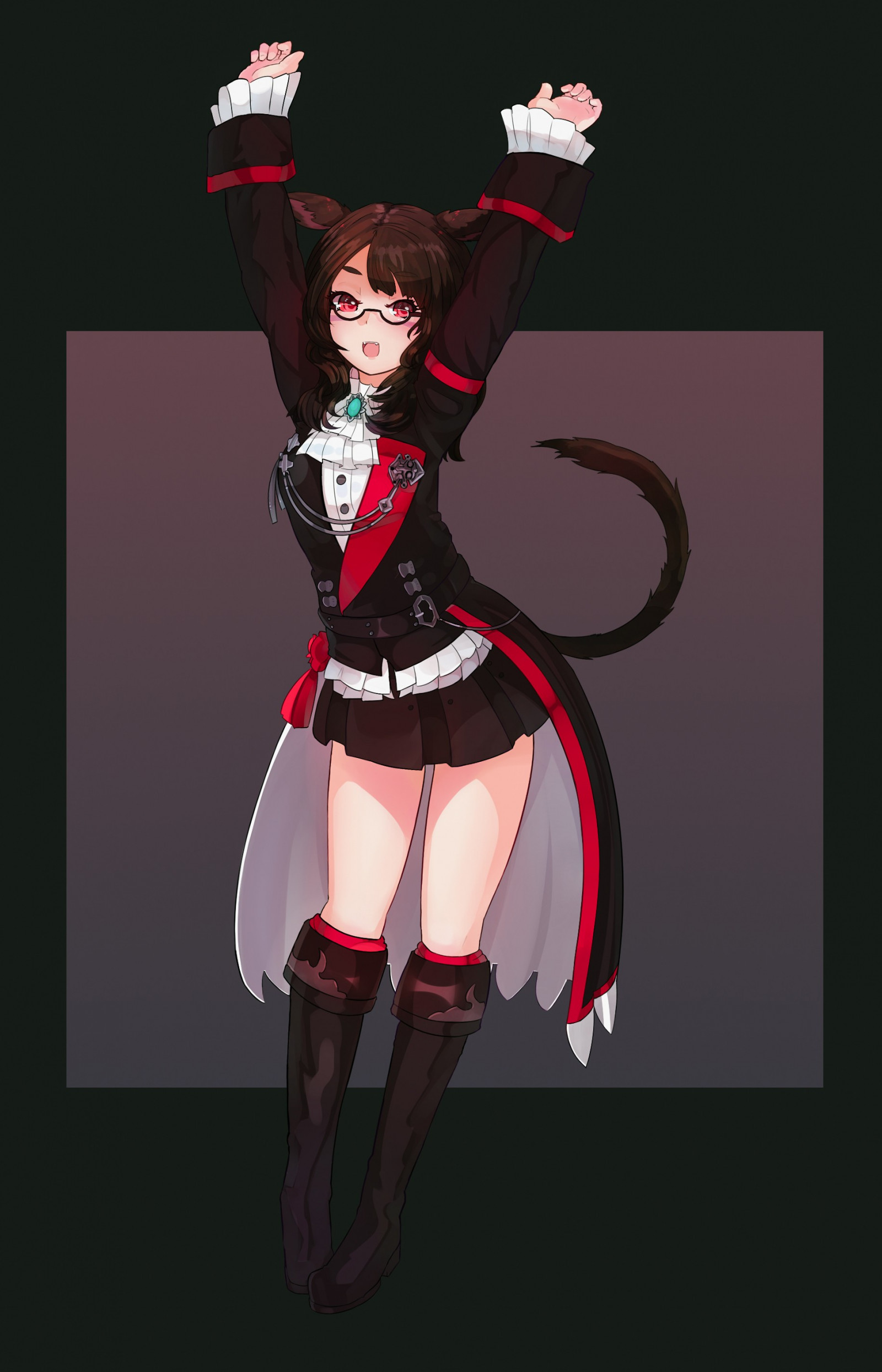 ilustrace, anime, anime dívky, zvířecí uši, ocas, bruneta, brýle, kreslená pohádka, sukně, červené oči, Osoba, Final Fantasy XIV říši Reborn, Miqo te, Miqo te Final Fantasy, kostým, profese