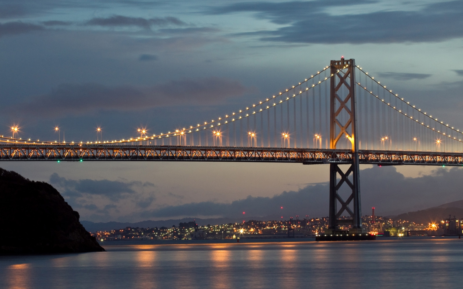 Wallpaper San Francisco, city, Bay Bridge, dusk, lights, sky, HDR