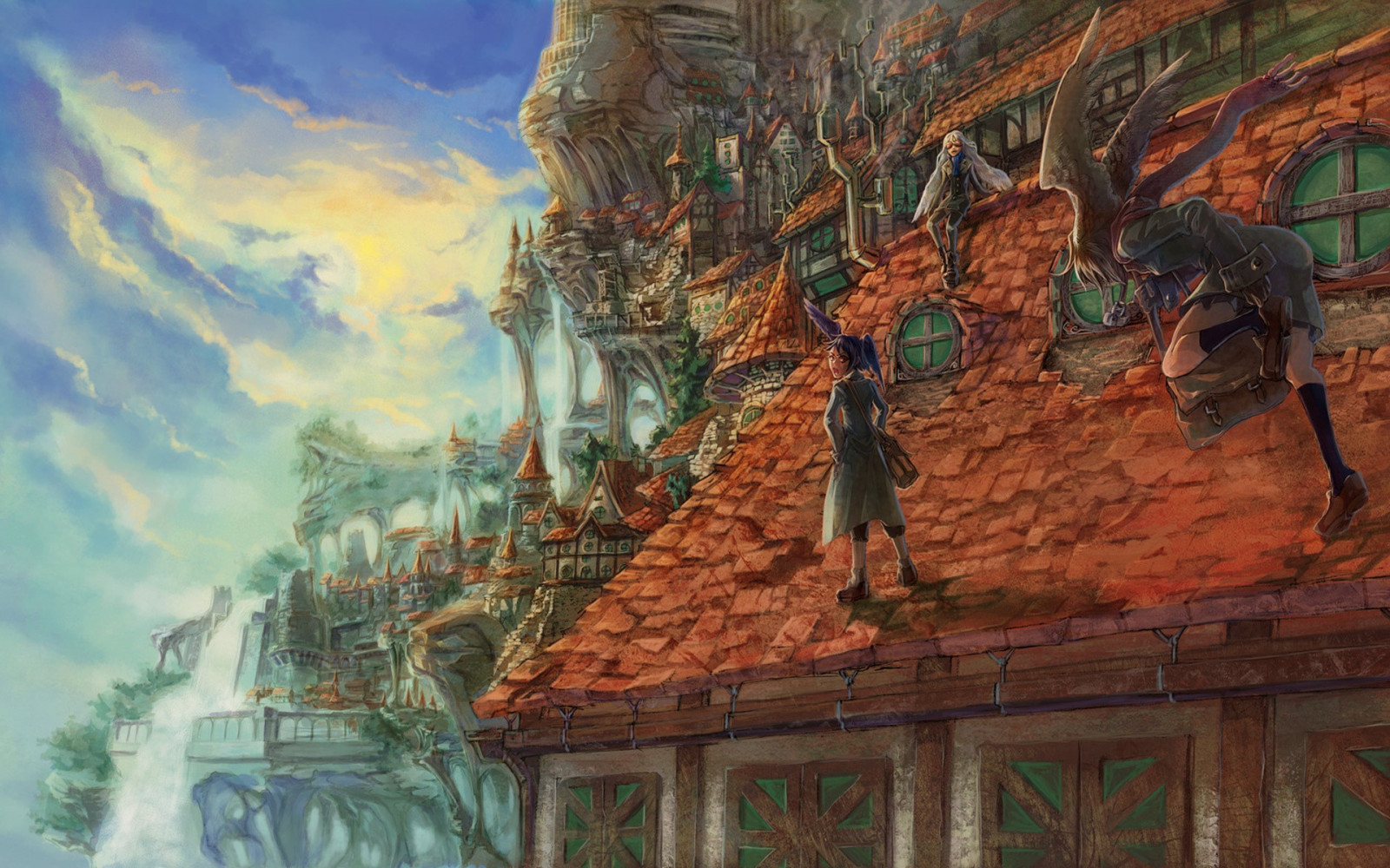 Wallpaper painting, waterfall, fantasy art, rooftops, mural