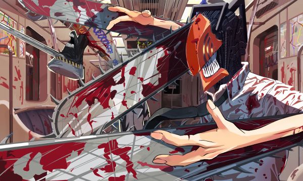 Katana Man Chainsaw Man,Chainsaw Man,subway,blood covered body,decapitated,chainsaws