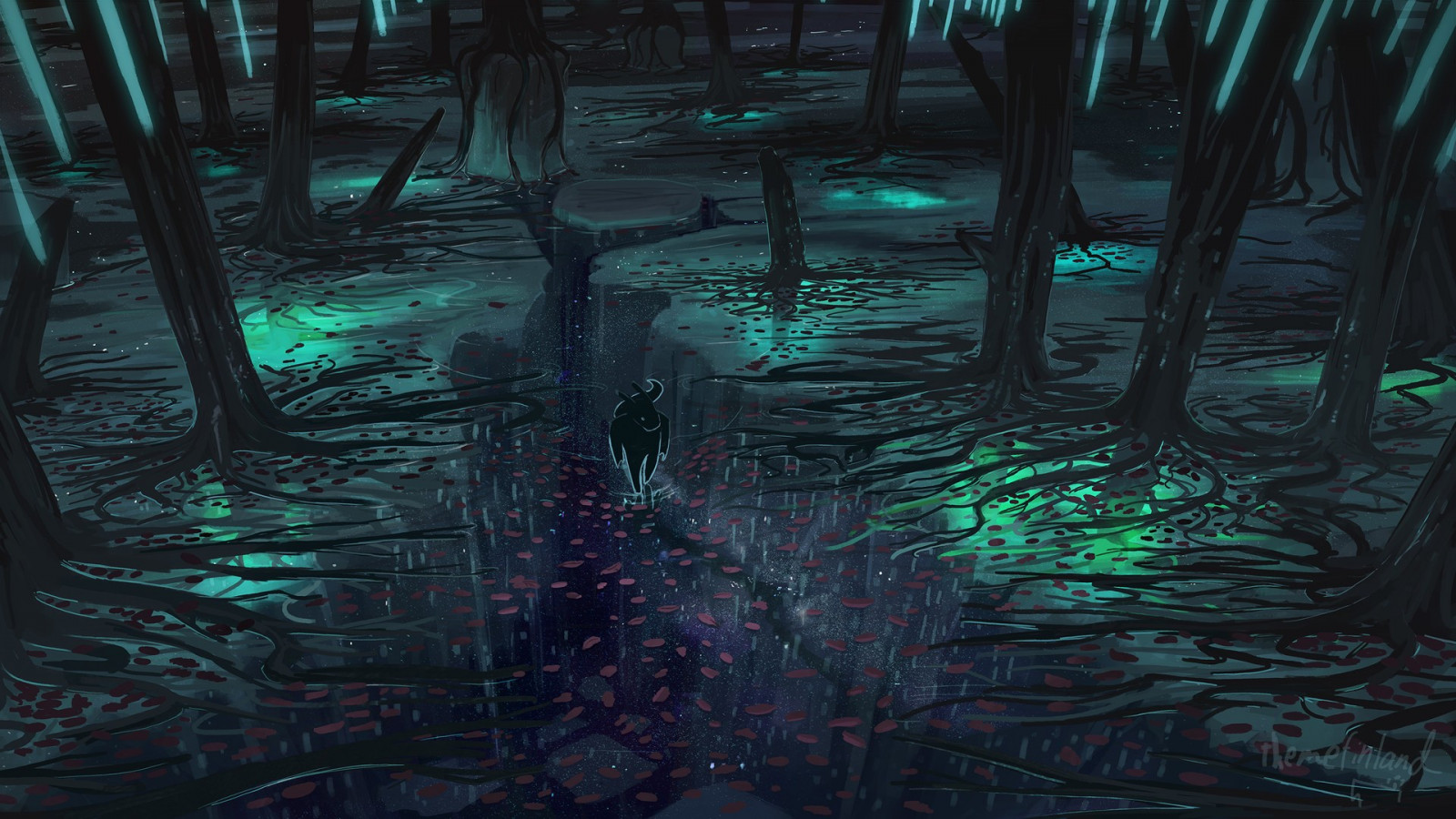 ป่า, ศิลปะดิจิตอล, กลางคืน, น้ำ, สีเขียว, ต้นไม้ที่ตายแล้ว, เที่ยงคืน, วัว, ต้นไม้, ความมืด, ภาพหน้าจอ, วอลล์เปเปอร์คอมพิวเตอร์, เทคนิคพิเศษ, สิ่งมีชีวิต, ปรากฏการณ์, ThemeFinland, visual effects