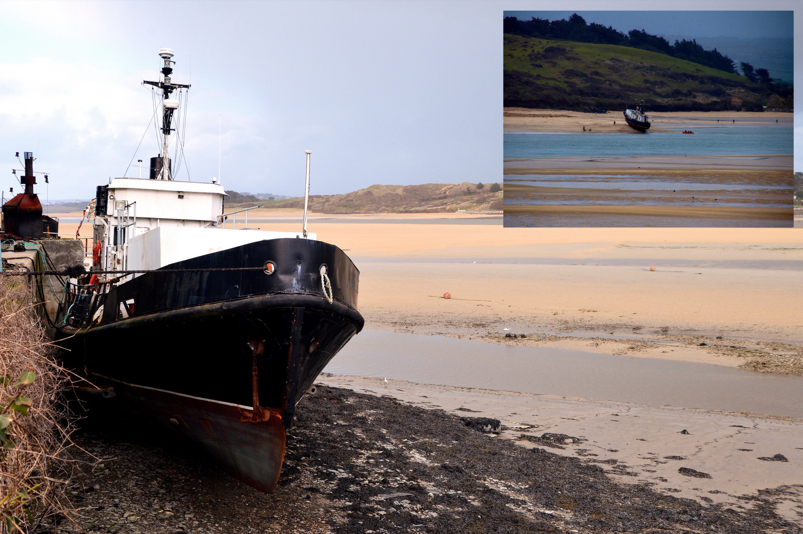 Nikon, nikond3200, tamron16300mm, Spojené království, Cornwall, Kernow, Padstow, loď, plavidlo, rybářská loď, písek, camelestuary, ústí, venkovní, trup, luk, stožár, Kotva, doky, kotviště, lano, voda, Mořská řasa, pláž, pobřeží, duny, opravy