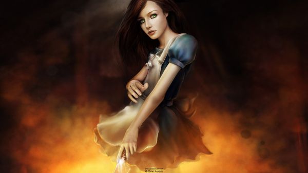 anime, brunette, green eyes, fire, Alice Madness Returns, darkness