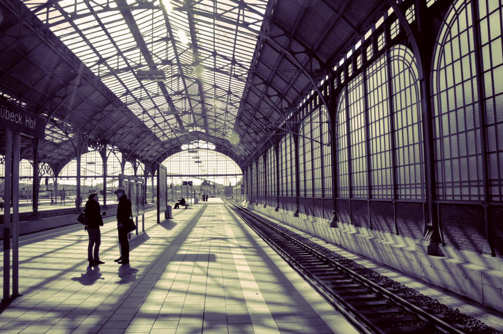 černobílý, čáry, stanice, světla, stíny, železnice, struktura, architektonický, Lubeck