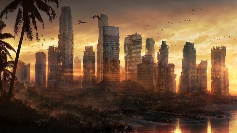 západ slunce, město, panoráma města, noc, apokalyptický, odraz západ slunce, město, panoráma města, noc, apokalyptický, odraz