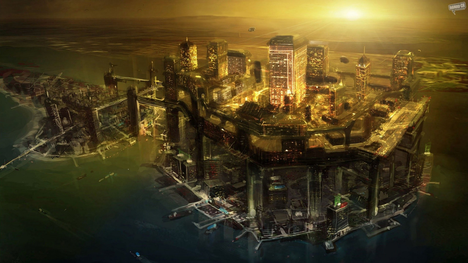 videójátékok, városkép, éjszaka, visszaverődés, felhőkarcoló, concept art, stádium, világváros, Deus Ex Human Revolution, sötétség, screenshot, háttérképként, atmoszférában föld, légi fényképezés