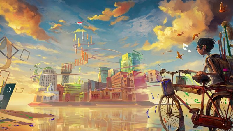 peisaj urban, anime, băieți anime, pictură, ilustrare, păsări peisaj urban, anime, băieți anime, pictură, ilustrare, păsări