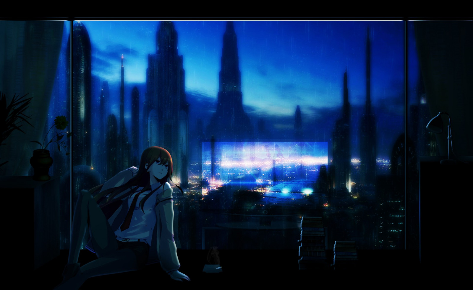 noc, anime, Makise Kurisu, Steins Gate, půlnoc, světlo, fáze, divadlo, tma, Snímek obrazovky, 1920x1180 px, hudební divadlo, zvláštní efekty, scénograf