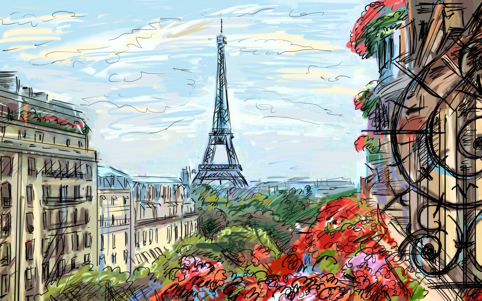 tegning, maleri, blomster, bybilledet, bygning, kunstværk, Frankrig, Paris, Eiffeltårnet, metropol, vægmaleri, KUNST, milepæl, byområde