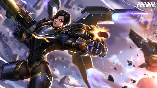 jeux vidéo,femmes,Surmarché,Surprète Pharah,brunette,Mecha girls