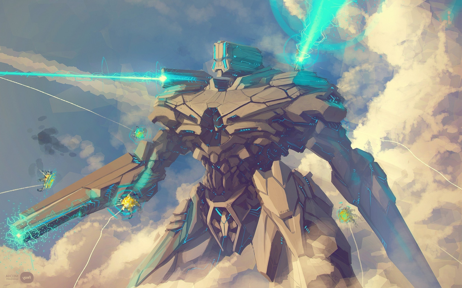 ilustrace, fantasy umění, anime, robot, futuristický, sci-fi, mytologie, laser, Snímek obrazovky, mecha, počítač tapeta, Atmosféra Země, 2500x1562 px