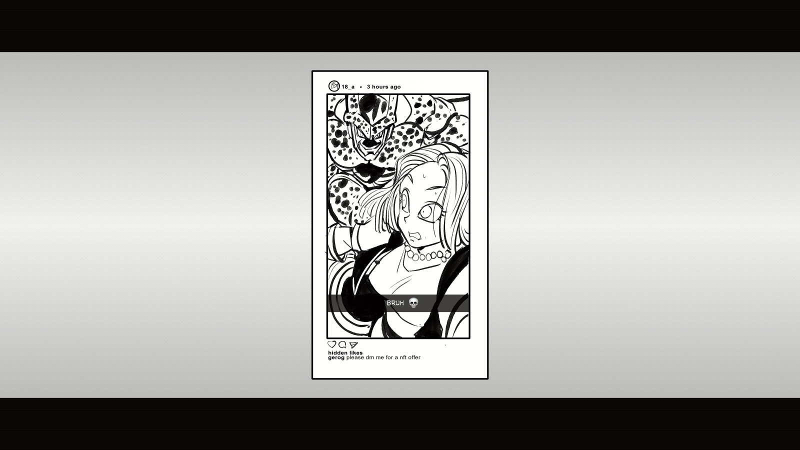 social media, Dragon Ball, Dragon Ball Z, Android 18, androids, robot, Cell Dragon Ball, text, Skull Face, skull, anime, anime girls, pearl necklace, jacket, black jackets, vest, black vest, selfies, manga, monochrome, frame