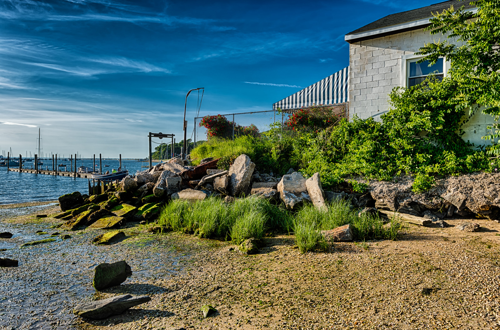 Waterfront Rocks Wallpaper : landscape, sunset, sea, rock, shore, sand, building, grass ...