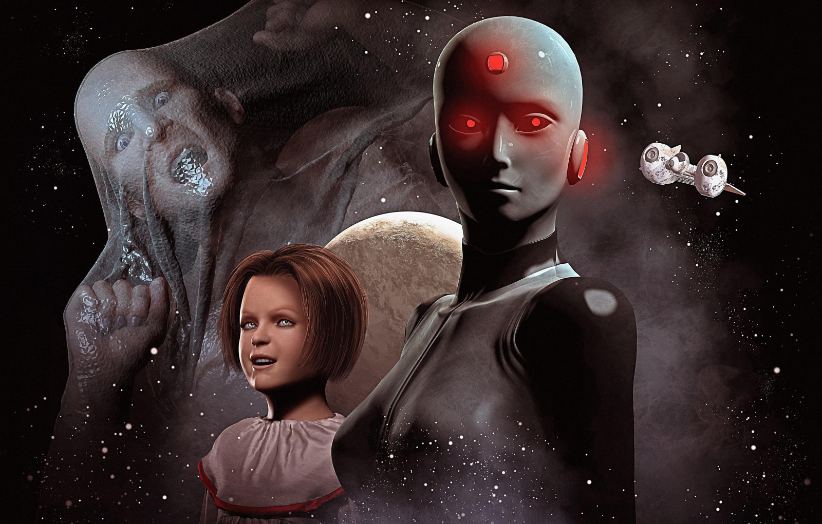 illustration, ship, horror, planet, cyborg, mythology, girl, man, star, darkness, screenshot, fictional character, special effects, fiction