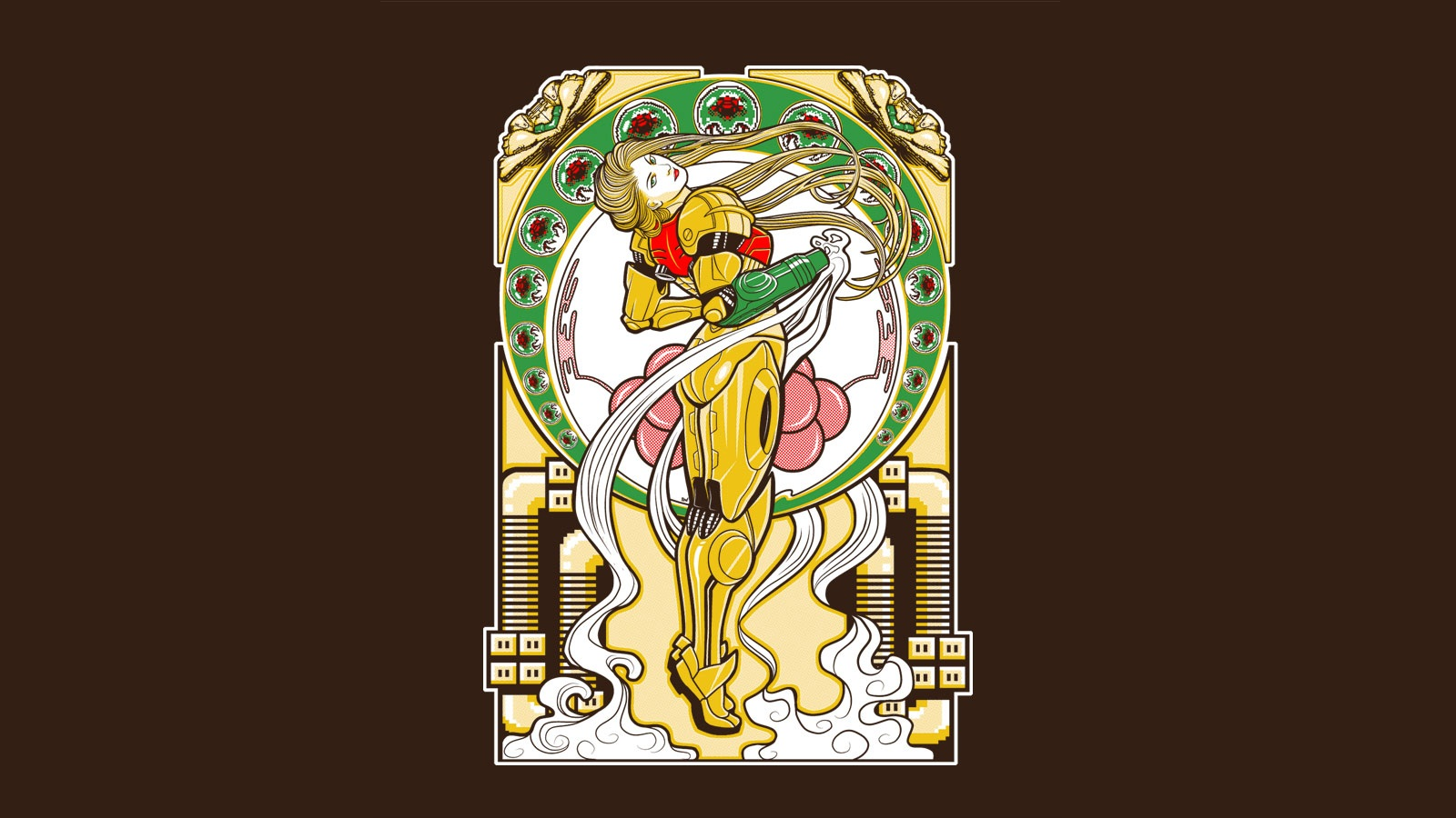 illustrazione, finestra, bicchiere, Metroid, Samus Aran, vetro colorato, Alphonse Mucha, organo