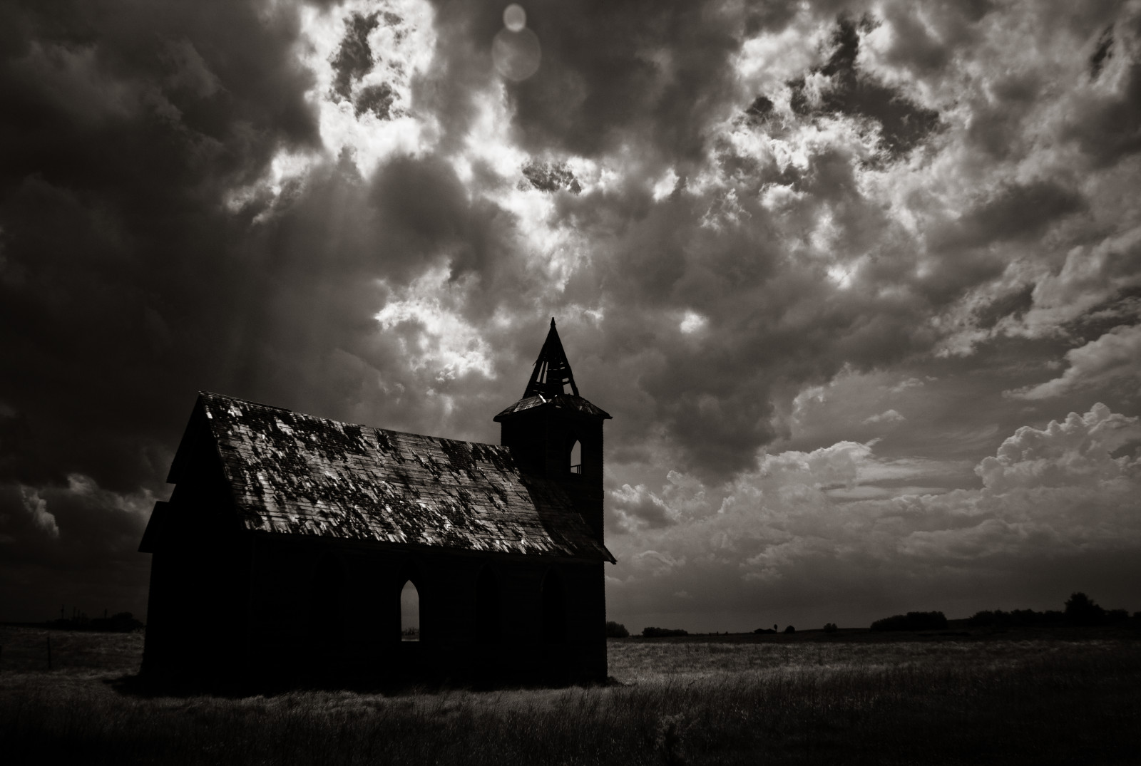 Černý a bílý, opuštěný, kostel, silueta, mraky, venkovský, Montana, rozklad, strašidelný, Infračervený, drama, ghostown