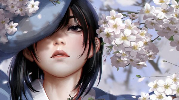 sakura tree,yukata,digital art