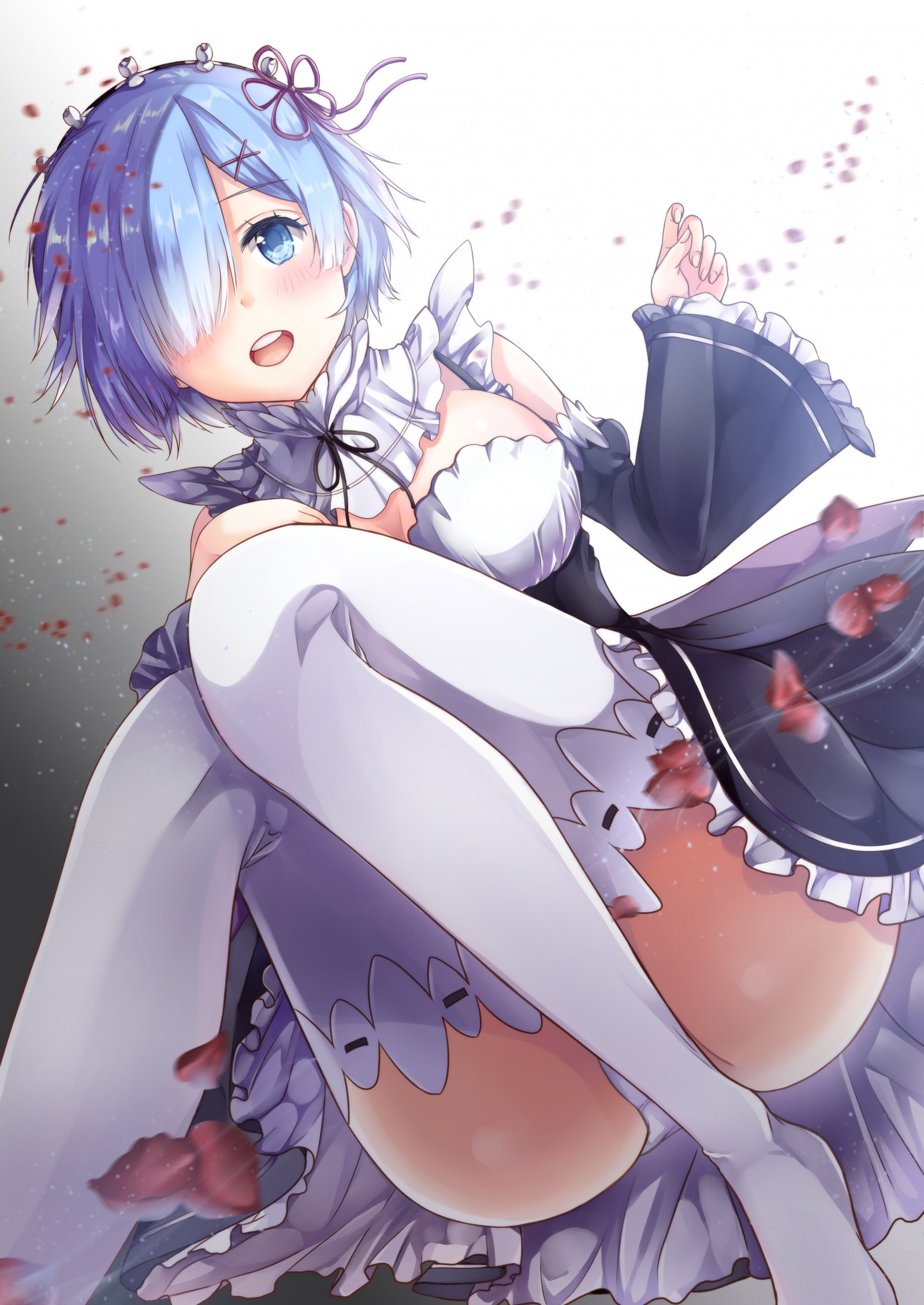 ilustrace, jednoduché pozadí, anime, kreslená pohádka, Re Zero Kara Hajimeru Isekai Seikatsu, Rem Re Zero, černé vlasy, punčochy, výstřih, pokojská outfit, mangaka