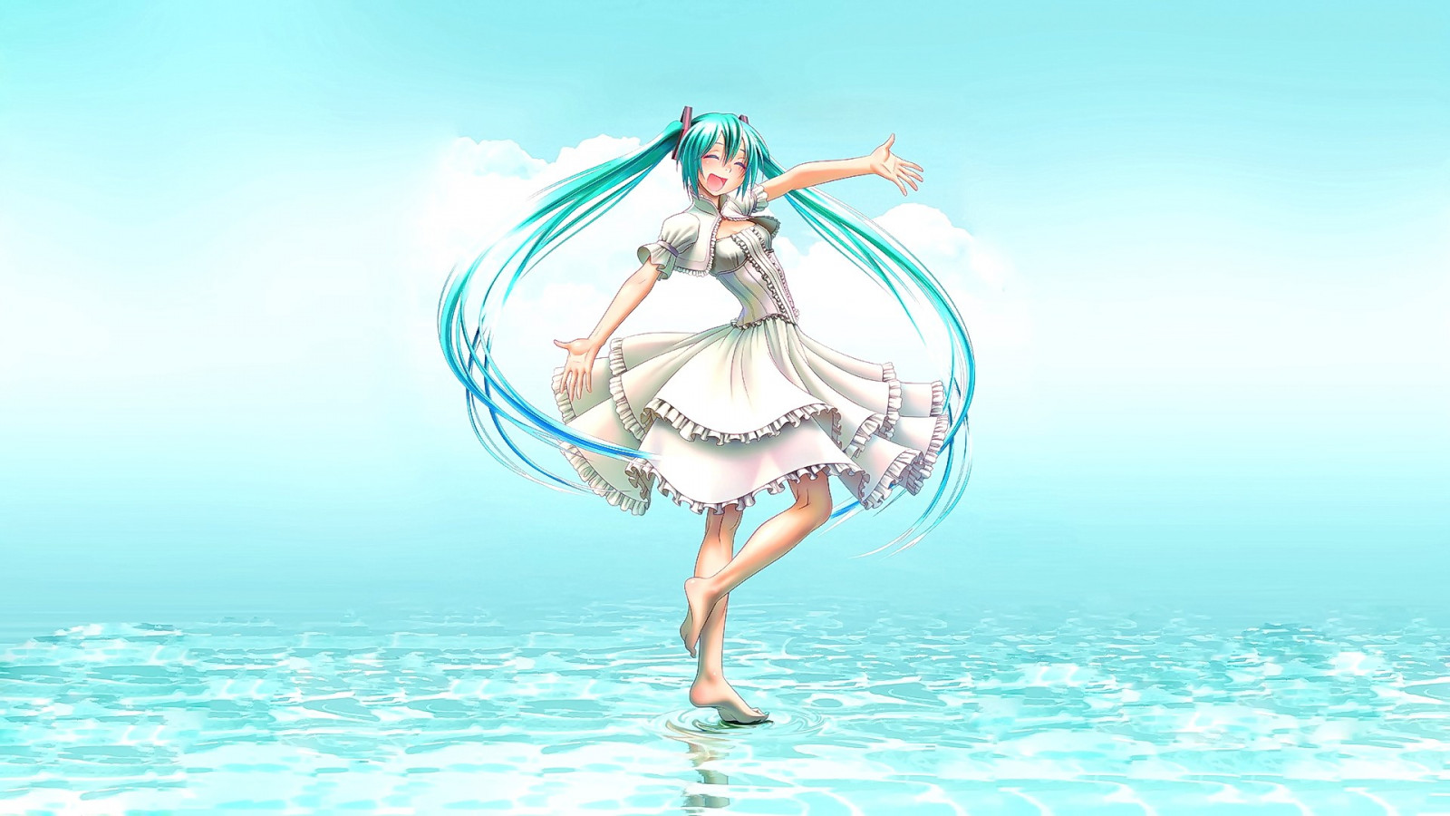 moře, zavřenýma očima, anime, anime dívky, naboso, otevři pusu, šaty, usmívající se, Vocaloid, Hatsune Miku, aqua hair, wokada, Lidské tělo