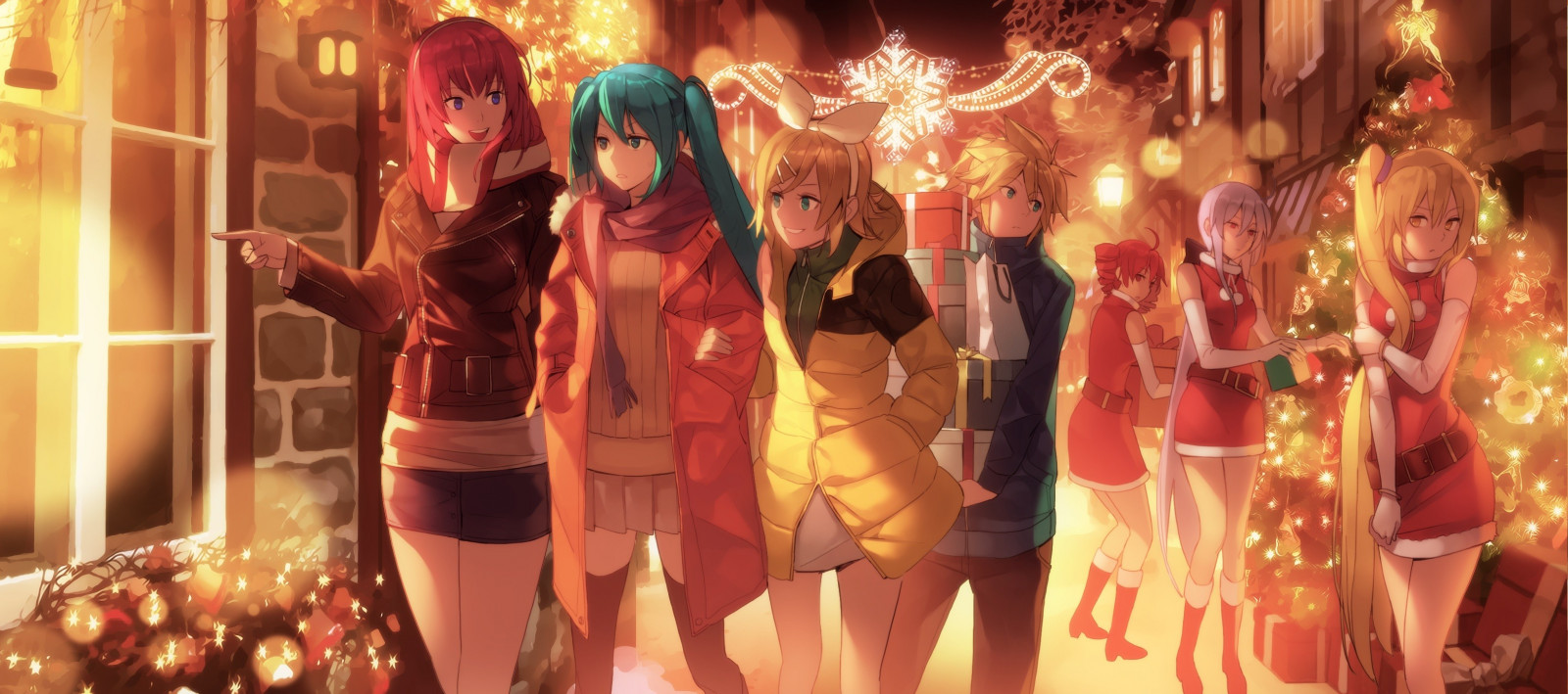 anime, Vocaloid, Hatsune Miku, Juletræ, jul, Kagamine Rin, Kagamine Len, Megurine Luka, Akita Neru, Kasane Teto, Yowane Haku, pige, sjovt, computer tapet, 3249x1440 px