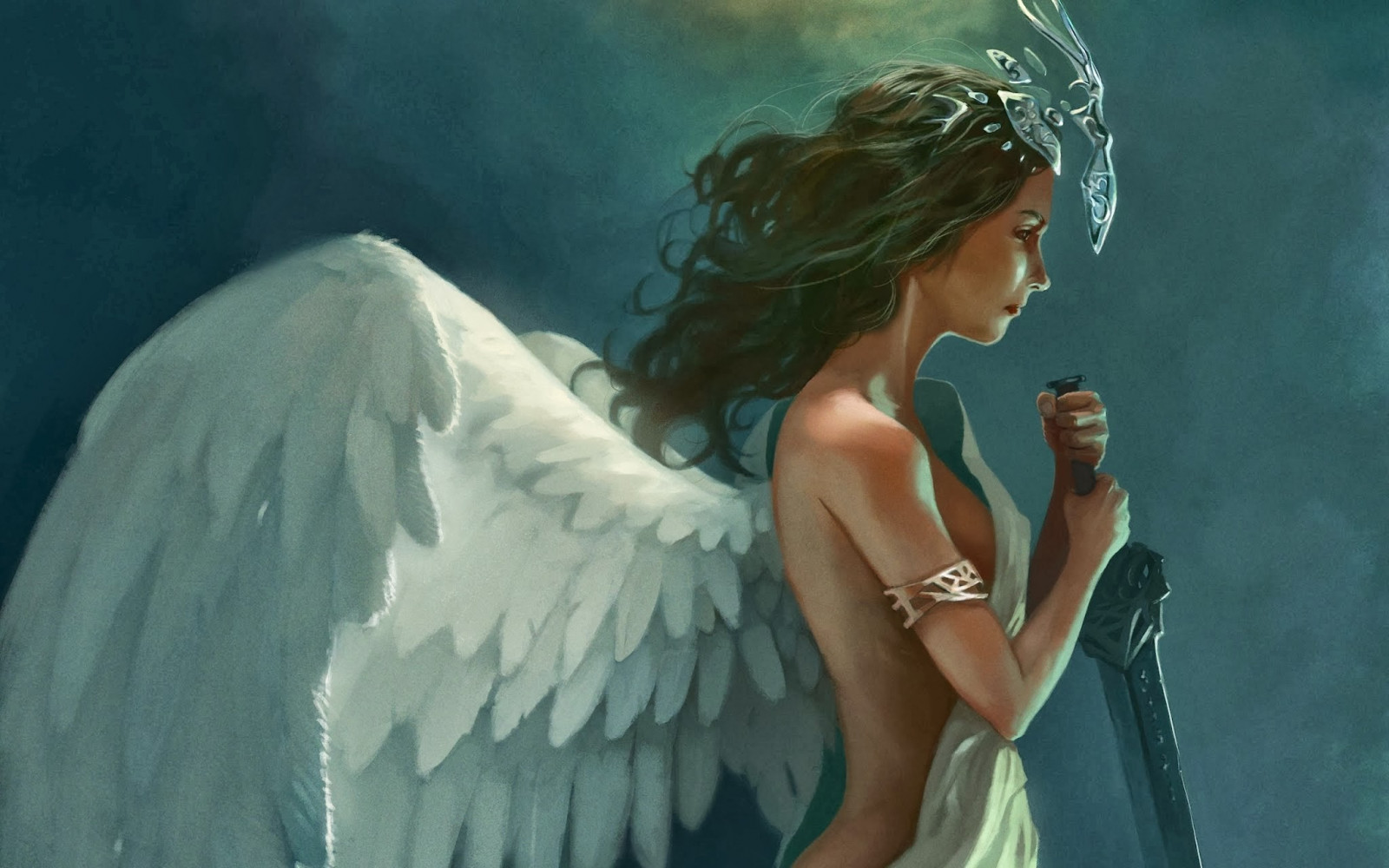 fantasy umění, fantasy dívky, křídla, anděl, umělecká díla, meč, Pod vodou, mytologie, křídlo, fiktivní postava, mýtické zvíře